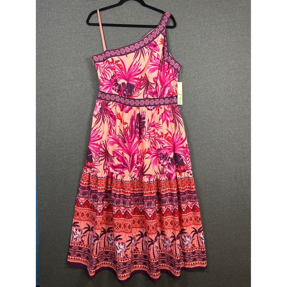 Eliza J Pink Tropical Elephant Print One Shoulder Midi Dress 14 NWT EJ5M4622